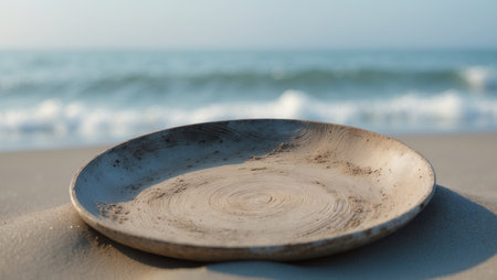 AI Generated. Wooden plate on the beach with sea and waves in the backgroundの素材