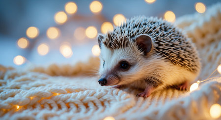AI Generated. Adorable hedgehog resting on a warm knitted blanket surrounded by soft glowing lights creating a cozy and enchanting atmosphere for winter scenesの素材