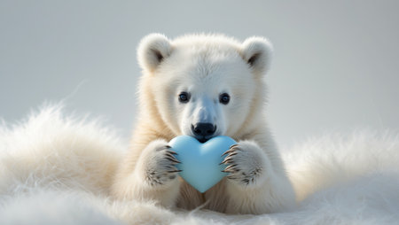 AI Generated. Adorable Polar Bear Cub Holds a Light Blue Heartの素材