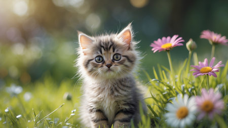 AI Generated. Adorable Kitten Outdoors with Curious Expression in Garden Settingの素材