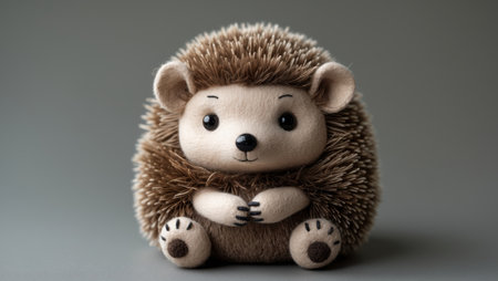 AI Generated. Adorable handcrafted hedgehog toy sits on grey surfaceの素材