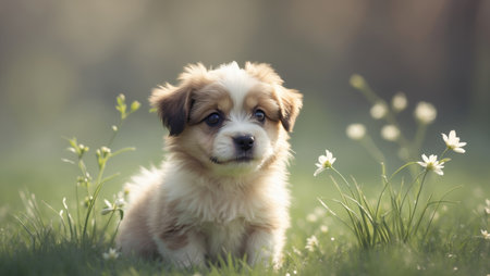 AI Generated. Adorable puppy learning on fresh spring grassの素材