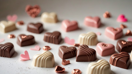 AI Generated. Assorted heart shaped chocolates with pink and brown decorationsの素材