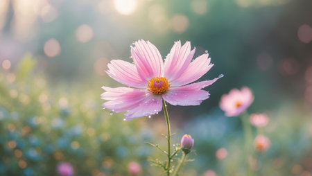 AI Generated. Bright Cosmos Flower in Sunlit Garden - Nature and Springtime Aestheticの素材