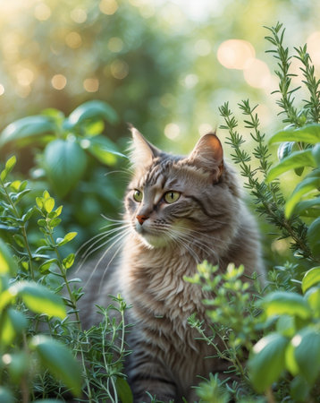 AI Generated. Cat Hiding Among Fresh Green Herbs in a Vibrant Garden Sceneの素材