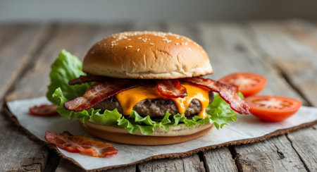 AI Generated. Cheddar Bacon Burger on Rustic Table with Copy Spaceの素材