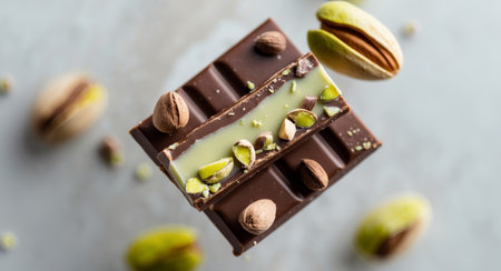 AI Generated. Chocolate Bar with Pistachio Filling and Nuts Close Upの素材