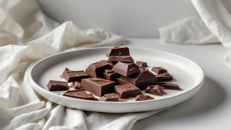 AI Generated. Chocolate Chunks Arranged on White Plate for Gourmet Snack or Dessert Ingredientの素材