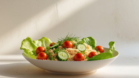 AI Generated. Classic couscous salad with vegetables in white bowlの素材