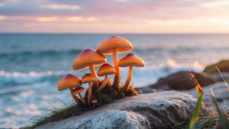 AI Generated. Cluster of orange mushrooms on rock by ocean at sunsetの素材