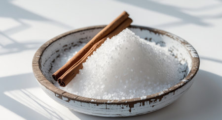 AI Generated. Coarse sugar crystals with cinnamon sticks in wooden bowlの素材