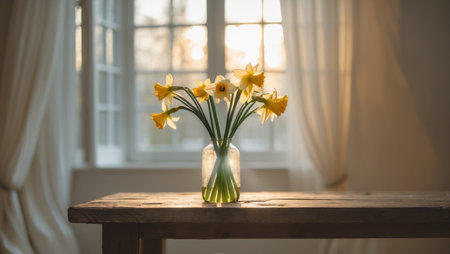 AI Generated. Cozy Indoor Scene with Flower Vase on Table and Soft Natural Lighting Through Windowの素材
