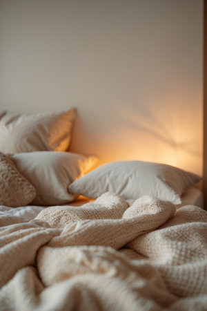 AI Generated. cozy bedroom with warm lighting and soft blanketsの素材