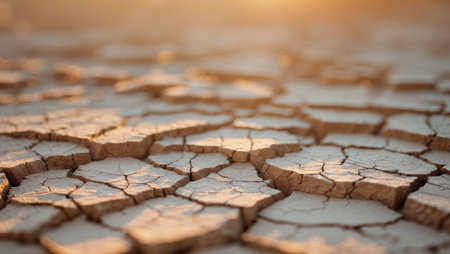 AI Generated. Cracked earth texture under the golden light of the setting sunの素材