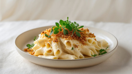 AI Generated. Creamy Baked Pasta Dish with Crispy Topping and Fresh Herbsの素材