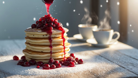 AI Generated. Cranberry sauce drizzled over a stack of pancakes on a snowy morning breakfast tableの素材