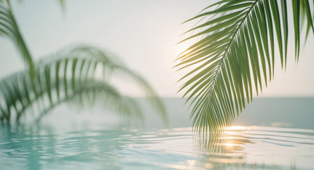 AI Generated. A close up of palm trees swaying gently in the breeze near a sparkling water poolの素材