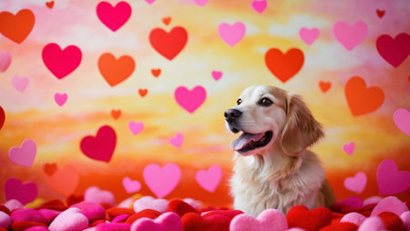 AI Generated. A colorful background with hearts and a dogの素材