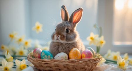 AI Generated. Cute bunny sitting in a basket with decorative eggs surrounded by flowers by a window in soft morning lightの素材