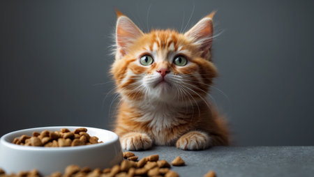 AI Generated. curious ginger kitten looking up near bowl of dry foodの素材