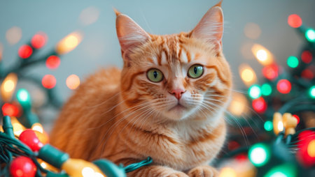 AI Generated. Cute orange tabby cat surrounded by colorful holiday lightsの素材