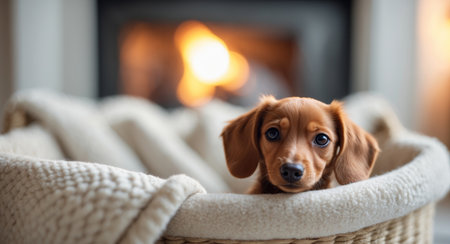 AI Generated. Dachshund puppy looking curiously in cozy basket by fireplaceの素材