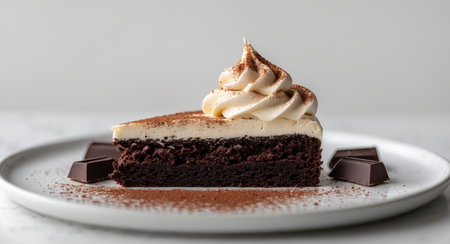 AI Generated. Decadent slice of chocolate cake with creamy frosting and cocoa powder served with chocolate piecesの素材