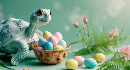 AI Generated. Decorative turtle sculpture carrying a basket of colorful eggs in a lush garden settingの素材