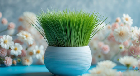 AI Generated. Decorative pot filled with vibrant green grass placed on a blue surface with floral backgroundの素材