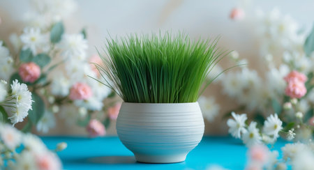 AI Generated. Decorative pot filled with vibrant green grass placed on a blue surface with floral backgroundの素材