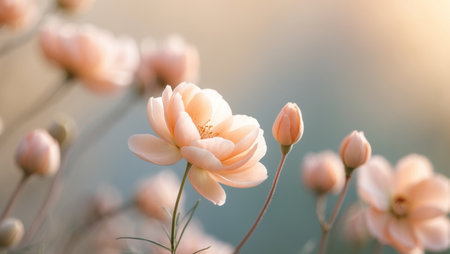 AI Generated. Delicate Peach Flowers Softly Bloom in Lightの素材