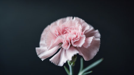 AI Generated. Delicate Pink Carnation Flower with Green Stem on Black Background for Nature and Floral Themesの素材