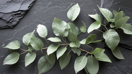 AI Generated. Lush green leaves on dark textured slate backgroundの素材
