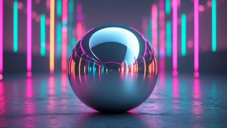 AI Generated. A Reflective Sphere Amidst Vibrant Neon Lightsの素材