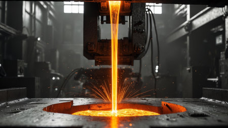 AI Generated. Molten Steel Being Poured into a Mold with Bright Orange Glow Reflecting in the Sceneの素材
