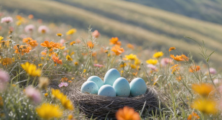 AI Generated. Nest of speckled blue eggs surrounded by vibrant wildflowers on a tranquil hillsideの素材