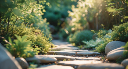 AI Generated. Serene garden pathway lined with stones and greenery in bright sunlightの素材