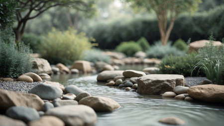 AI Generated. Serene Garden Water Feature with Rocks and Streamの素材