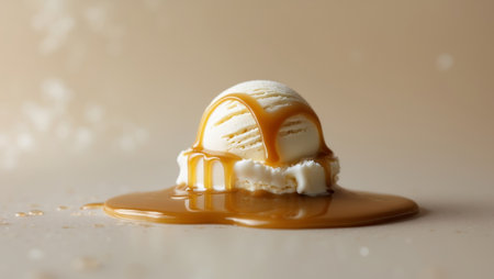 AI Generated. Delicious Scoop of Melting Caramel Ice Cream Dripping on a Soft Beige Backgroundの素材