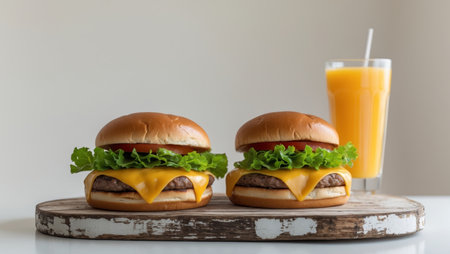 AI Generated. Two delicious cheeseburgers on wooden board with iced tea and orange juiceの素材