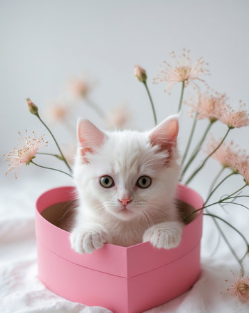 AI Generated. Cute white kitten in pink heart box with flowersの素材