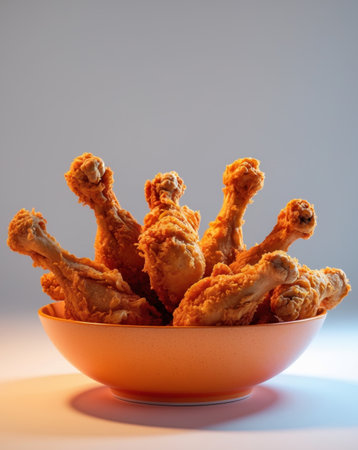AI Generated. Delicious Crispy Fried Chicken Drumsticks in an Orange Bowlの素材