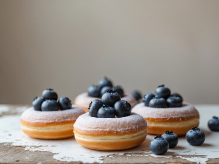 AI Generated. Delicious chocolate donuts topped with fresh blueberries on a rustic tableの素材