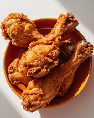 AI Generated. Delicious Crispy Fried Chicken Drumsticks in an Orange Bowlの素材