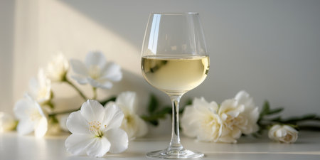 AI Generated. Elegant Crystal Glass with White Wine and Flowersの素材