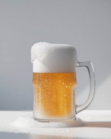 AI Generated. Frosty beer mug with rich foam standing alone on a white surface with droplets of condensationの素材