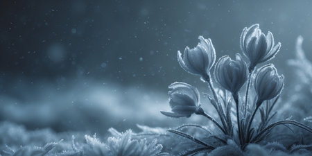 AI Generated. Frosty Flower Blooms In Winter Night Sceneの素材