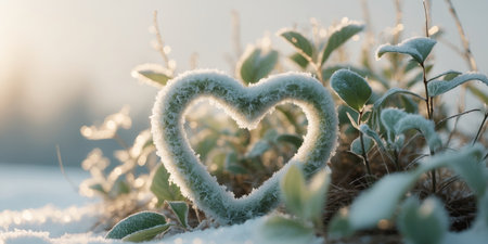 AI Generated. Frosty Heart Shaped Nature Art Amongst Winter Plantsの素材