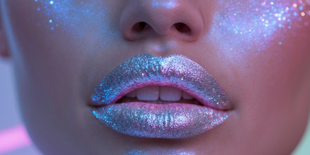 AI Generated. Glittery Makeup Shimmering Lips Neon Glow Closeup Faceの素材