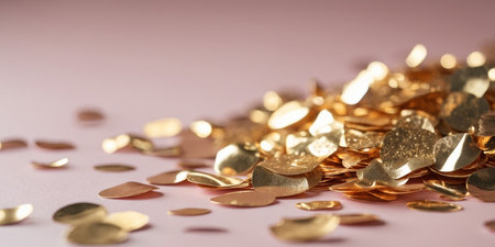 AI Generated. Gold confetti scattered over a pink surfaceの素材